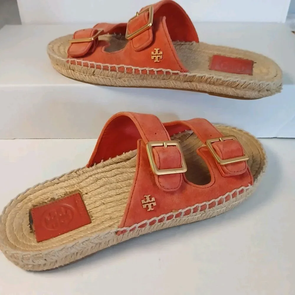 Tory Burch Selby Espadrille Slides Orange Double Buckle Sandals Women’s 6